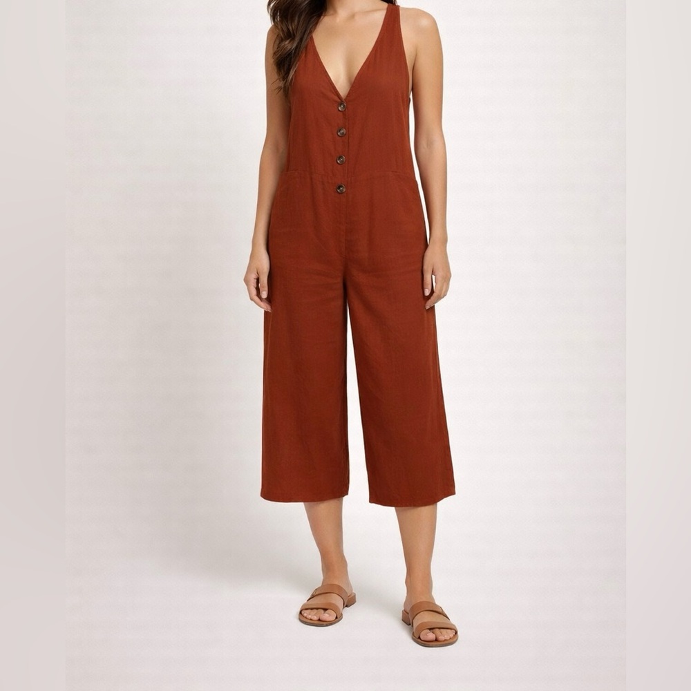 Sienna Sky Rust Wide Leg Button Front Cropped Jumpsuit Size L - Picture 1 of 10